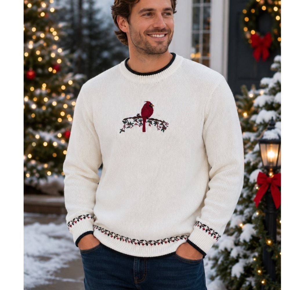 Y2k  90s Cardinal Knit Sweater XL  White Pullover Christmas Grannycore